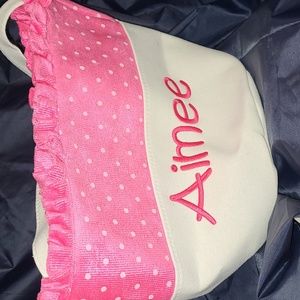 Bag embroidered with "Aimee" bottom & strap looks like white linen. Plush pink
